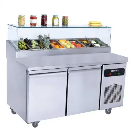 Table pizza salad'bar 800 réfrigérée 40 x 60 dessus vitrée plan inox 2 portes - IBERNA